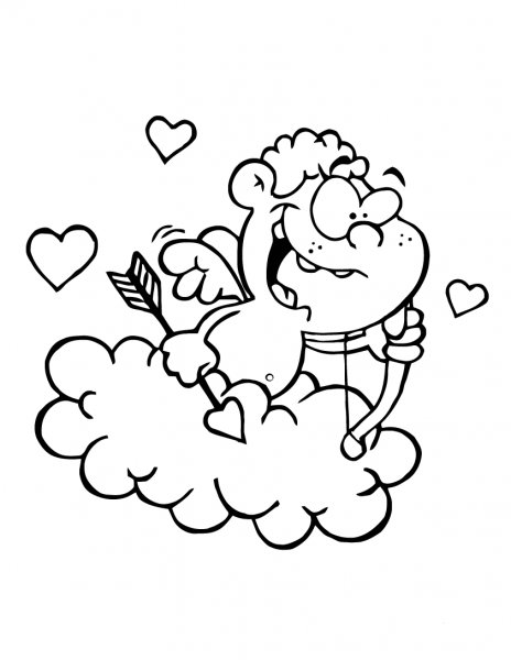 Cute Cupid with Bow and Arrow Flying in Cloud coloring page image