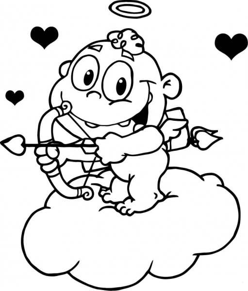 Cute Cupid with Bow and Arrow Flying with Hearts coloring page image