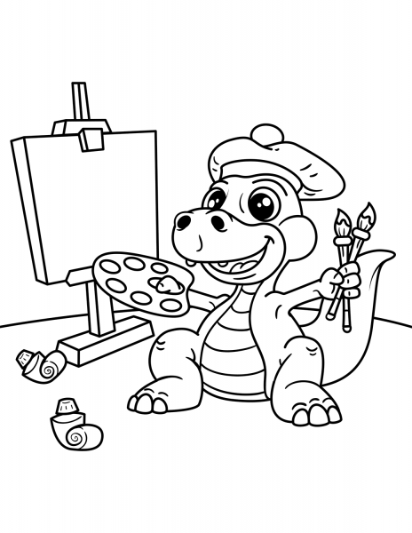 Cute Dinosaur Artist with Easel, Brush and Palette of Colors coloring page image