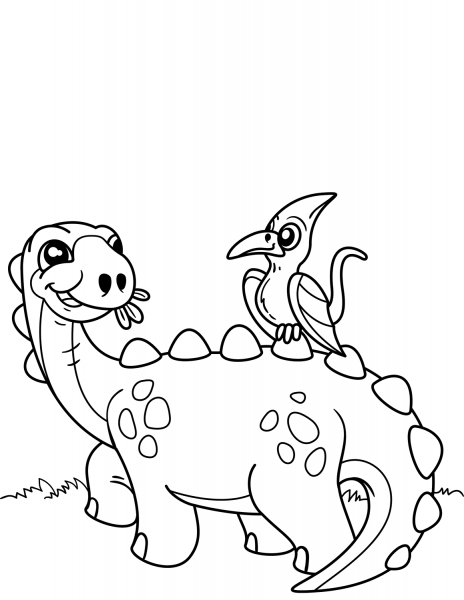 Cute Dinosaur with Pteranodon coloring page image
