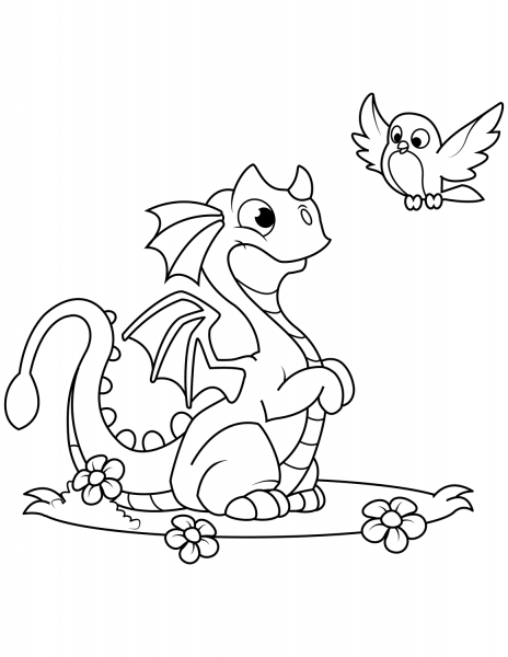 Cute Dragon and Bird coloring page image