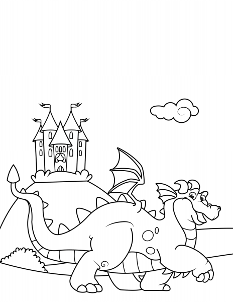 Cute Dragon in Front of a Castle coloring page image