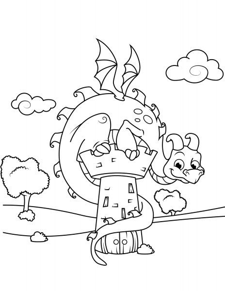Cute Dragon Sitting on Tower coloring page image