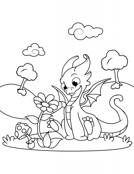 Cute Dragon Sniffing Flower coloring page image