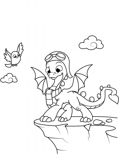 Cute Dragon Wearing Aviator’s Hat and Goggles coloring page image