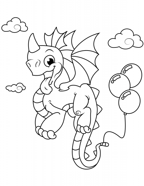 Cute Dragon with Balloons coloring page image