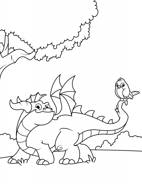 Cute Dragon with Bird on His Tail coloring page image