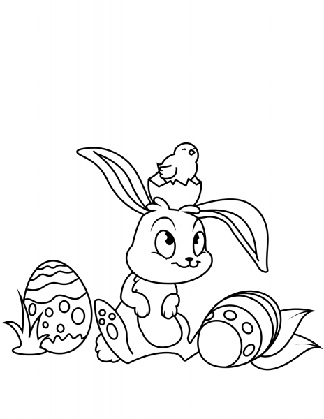 Cute Easter Bunny and Chick coloring page image