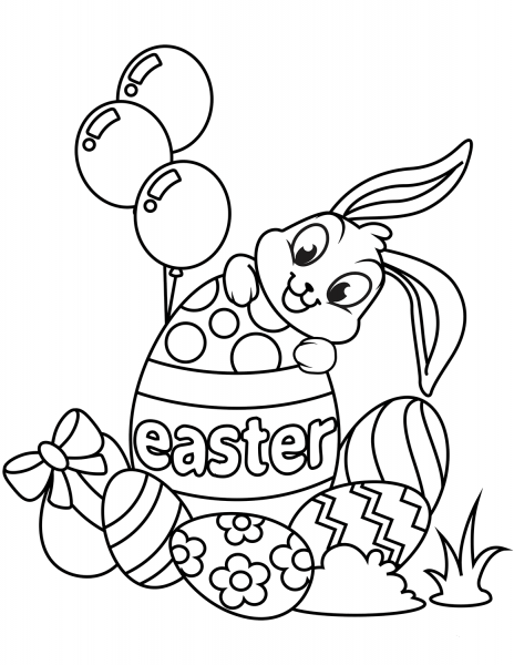 Cute Easter Bunny and Eggs coloring page image