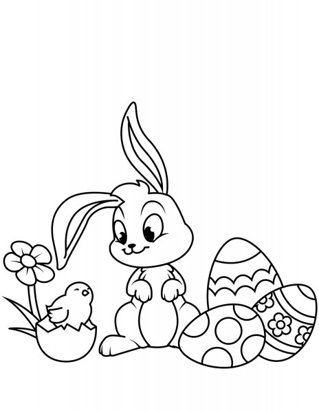 Cute Easter Chick, Bunny and Eggs coloring page image