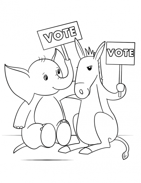 Cute Elephant and Donkey at Election Day coloring page image