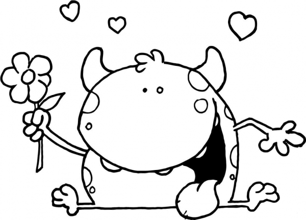 Cute Evil Monster with a Flower coloring page image