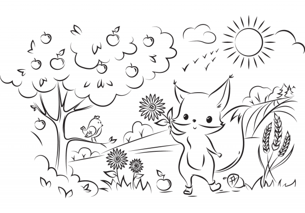Cute Fox with Flower coloring page image