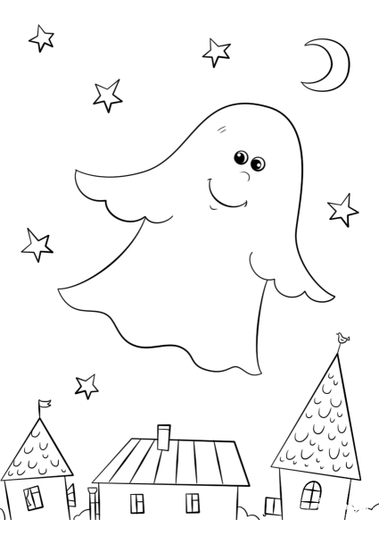 Cute Ghost Flying over Rooftops coloring page image