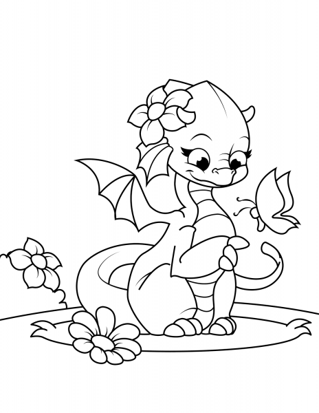 Cute Girl-Dragon Playing with Butterfly coloring page image