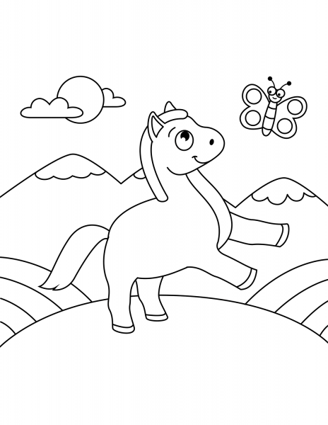 Cute Horse and Butterfly coloring page image