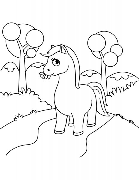 Cute Horse Chewing Grass coloring page image