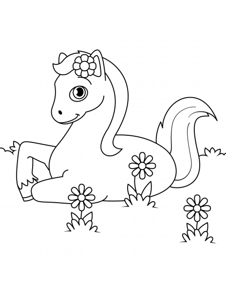 Cute Horse Laying down in Flowers coloring page image