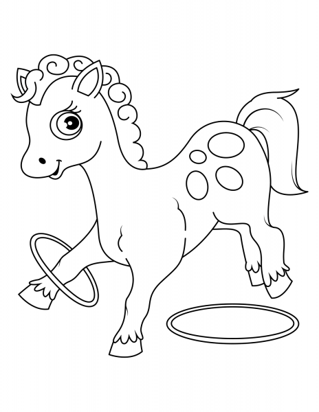 Cute Horse Plays with Rings coloring page image