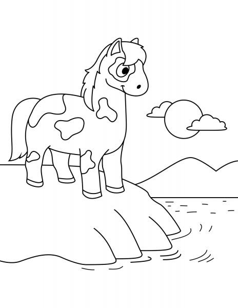 Cute Horse Standing at the Seashore coloring page image