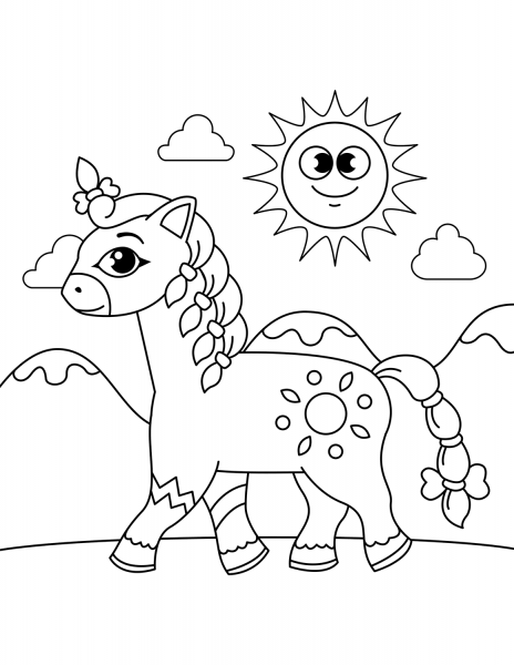 Cute Horse with Braided Mane and Tail coloring page image