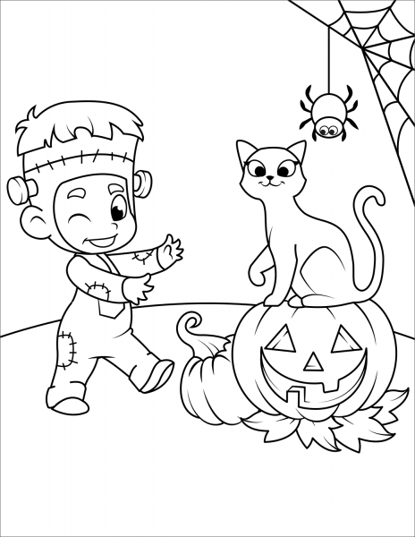 Cute Kid in Frankenstein Costume with a Cat and Jack O’Lantern coloring page image