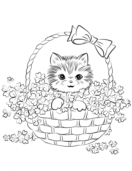 Cute Kitten in Basket of Shamrock coloring page image