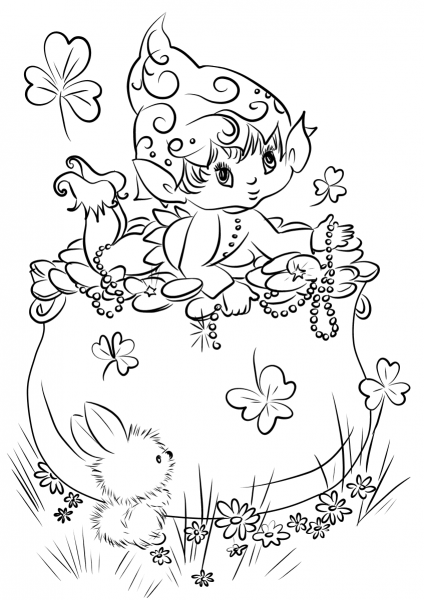 Cute Leprechaun on a Pot of Gold coloring page image