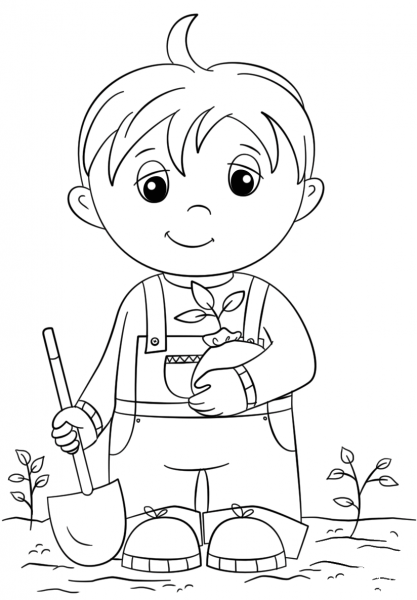 Cute Little Boy Holding Seedling coloring page image