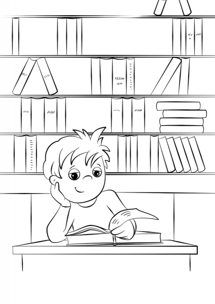 Cute Little Boy Reading a Book at the Library coloring page image