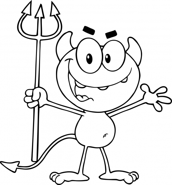 Cute Little Devil Holding up a Pitchfork coloring page image