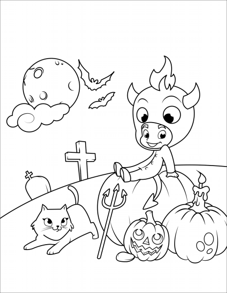 Cute Little Devil with a Cat and Pumpkins coloring page image
