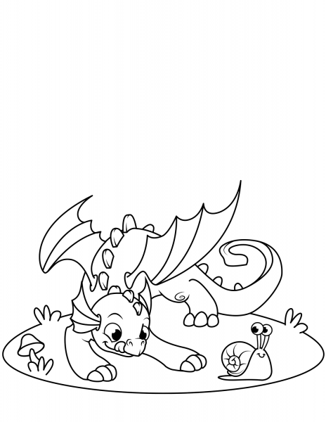 Cute Little Dragon Playing with Snail coloring page image