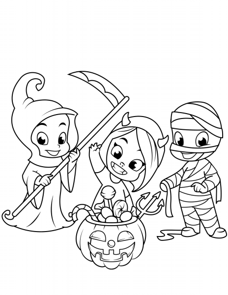 Cute Little Grim Reaper, Devil, Mummy and a Jack O’Lantern with Candies coloring page image