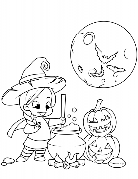Cute Little Witch Cooking a Potion in a Cauldron coloring page image