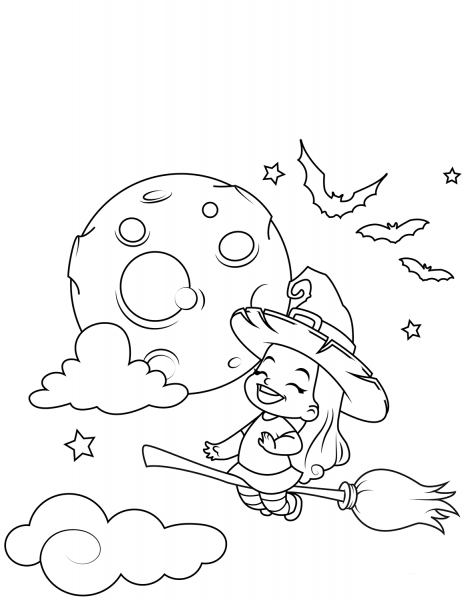 Cute Little Witch Flying on a Broomstick coloring page image