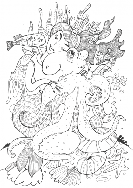Cute Octopus and Mermaid coloring page image