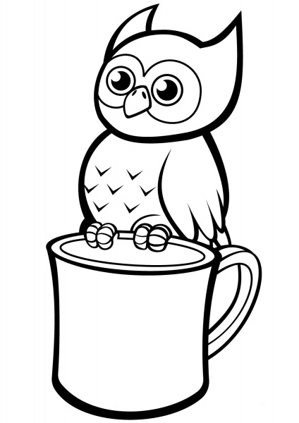 Cute Owl on a Mug coloring page image