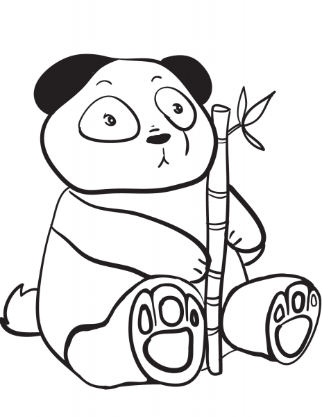 Cute Panda Holding a Bamboo Branch coloring page image