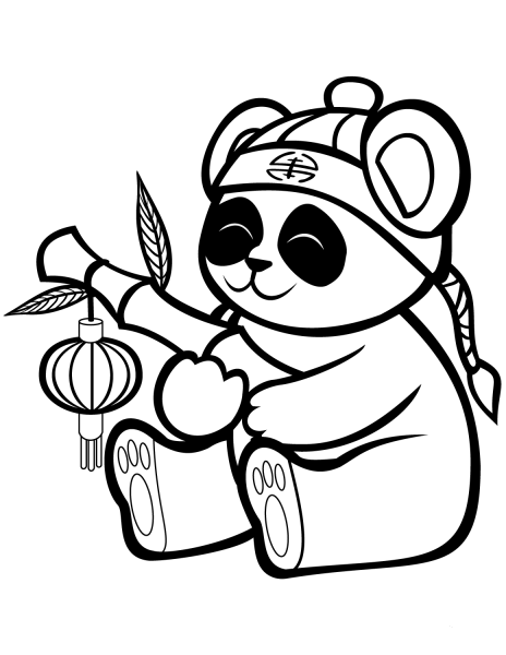 Cute Panda with a Bamboo Lantern coloring page image