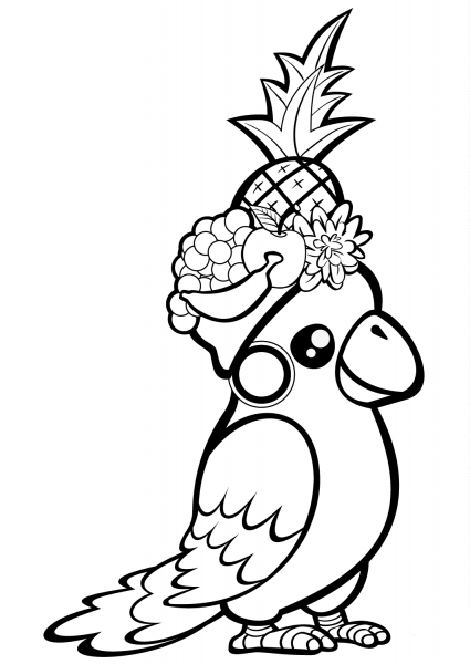 Cute Parrot with Fruit on Its Head coloring page image