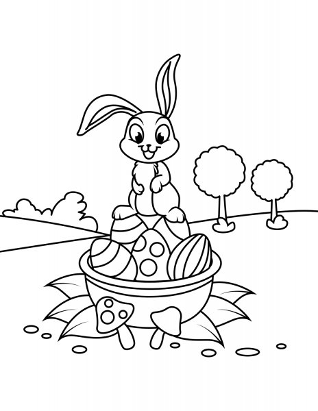 Cute Rabbit on Easter Basket coloring page image