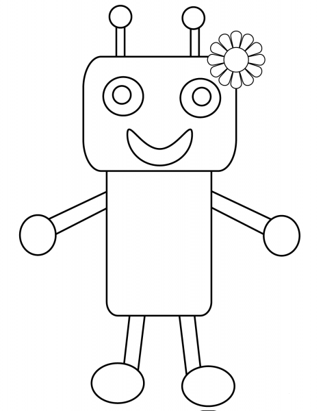 Cute Robot with Flower coloring page image