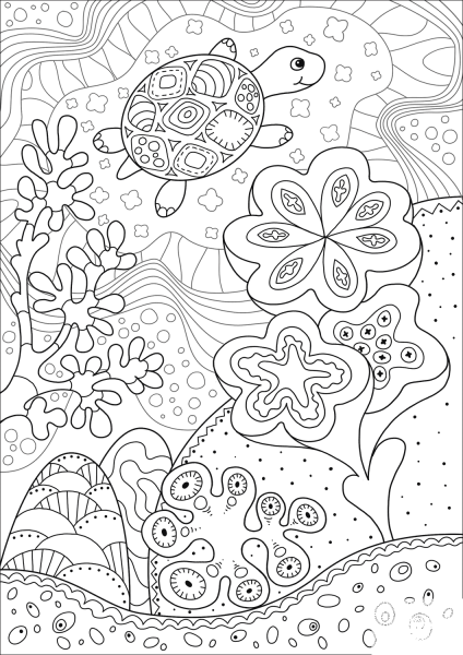 Cute Sea Turtle in Coral Reef coloring page image