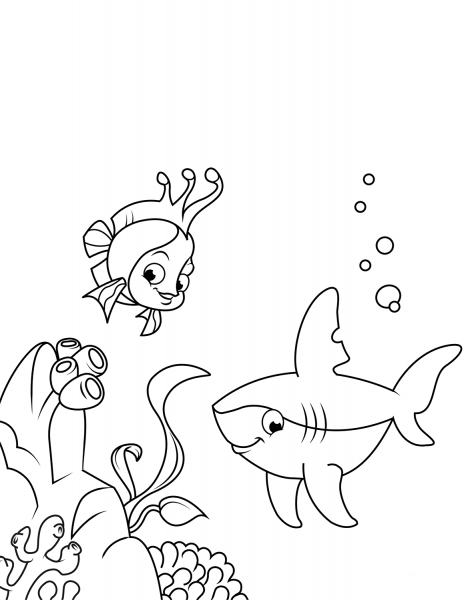 Cute Shark and Coral Reef Fish coloring page image