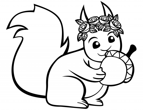 Cute Squirrel with an Acorn coloring page image