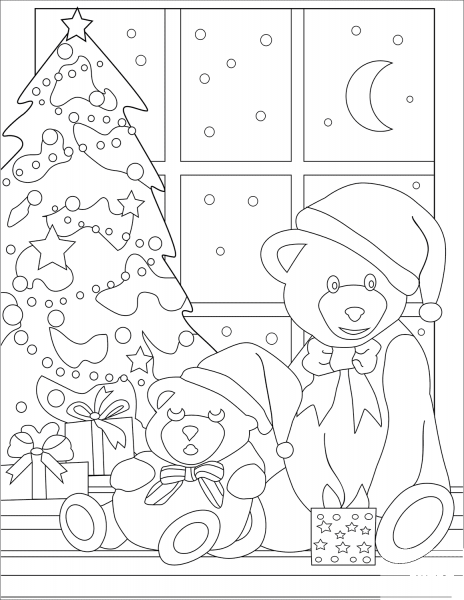Cute Teddy Bears near Christmas Tree coloring page image