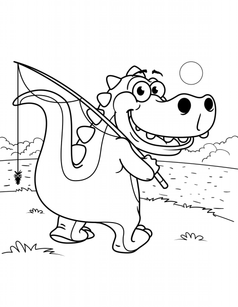 Cute Tyrannosaurus Goes Fishing coloring page image