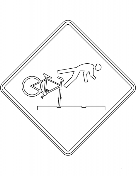 “Cyclists Take Care on Rail Tracks” Sign in New Zealand coloring page image