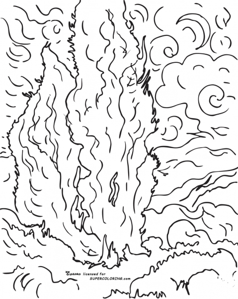 Cypresses By Vincent Van Gogh coloring page image